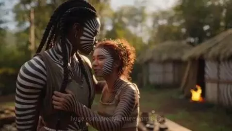 Two women with black and white zebra stripe body paint in a forest setting, looking at each other tenderly.