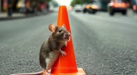 A small brown and white mouse stands on an orange traffic cone on a road, with cars blurred in the background.