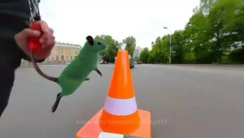 A bright green, rat-like creature jumping onto an orange traffic cone on a road with cars in the background.