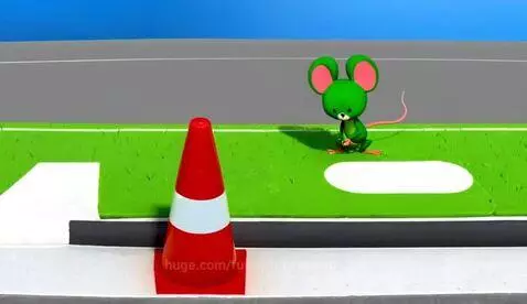 A green cartoon mouse jumps onto a traffic cone as a car speeds by, creating a near-miss.
