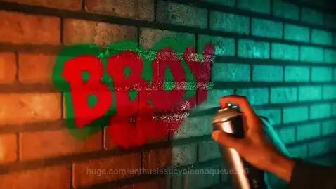 Spray can painting 'BBOY NANDI' on a graffiti-covered brick wall, with wet paint dripping down.