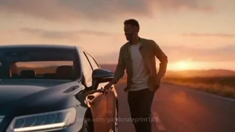Man in black sedan driving away into a vibrant sunset on an empty road.