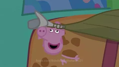 Peppa Pig peeking from under a green blanket with a surprised expression, Daddy Pig confronts her.