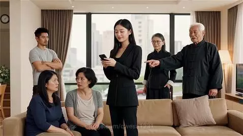 Young woman in suit points at surprised parents while grandparents look on, humorously grounding them.