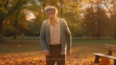 An old man in a park transforms into a young boy, looking surprised and happy.