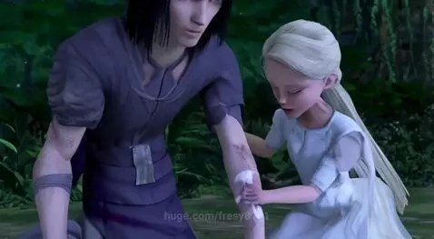 Anime scene of a blonde girl with grey eyes treating a dark-haired man's arm wound in a forest.