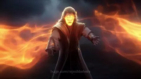 Dota 2 Invoker casting a powerful spell with glowing fiery eyes and elemental magic effects.