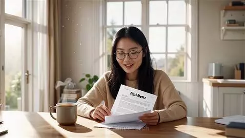Young Asian woman with glasses and long dark hair wearing a beige sweater, smiling while holding a document titled 'Final Memo'.