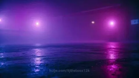 Wet asphalt reflecting vibrant neon lights in a foggy, cyberpunk city scene.