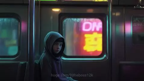 Hooded figure on a futuristic cyberpunk train, rain streaks on window, neon lights, moving towards open-air street.