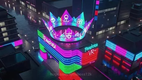 Aerial view of a neon-lit Pandora VR-club in a futuristic city at night, with a large holographic crown above.
