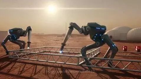 Aerial view of a futuristic colony base being constructed on a red, barren alien planet with various modules and structures.