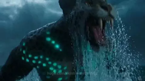 A monstrous white jaguar with glowing blue-green spots roars from dark water under a moonlit sky.