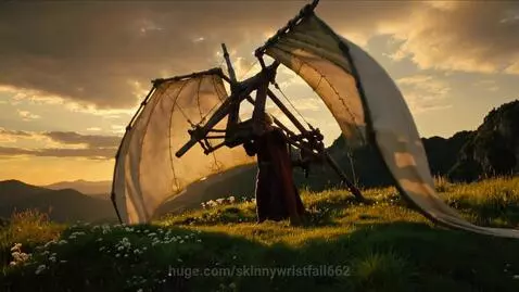 Elderly man with a Da Vinci-inspired flying machine on a hilltop at sunset, wings unfolding.