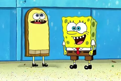 Spongebob Squarepants and a tall, bread-like character smiling side-by-side in an underwater setting.