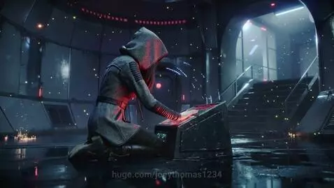 Hooded woman pixelating into a swirling vortex of light and data in a cyberpunk room.