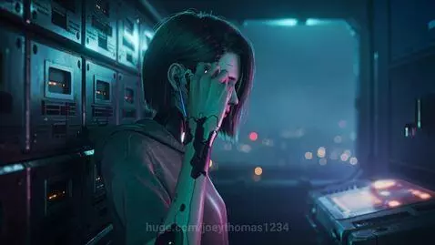 Cyberpunk woman with facial implants removing a neural connector, neon lights, futuristic city background.