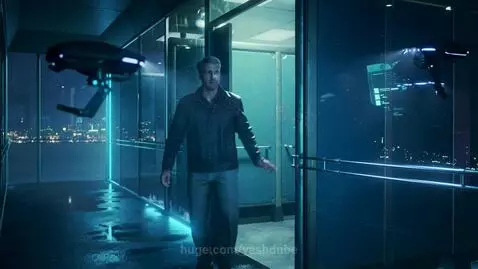 Middle-aged man in dark jacket walks through a futuristic corridor with blue neon lights and reflections.
