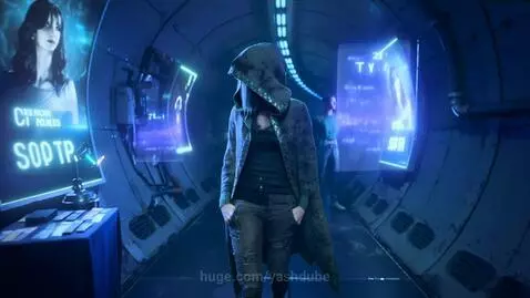 Cyberpunk metro tunnel in 2099 with flickering holograms and a hooded woman walking past vendors.