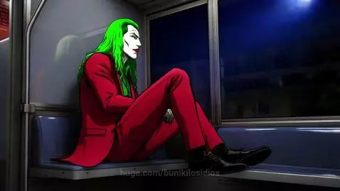 Animated Joker with green hair and red suit sitting on a train seat, looking out the window at night.