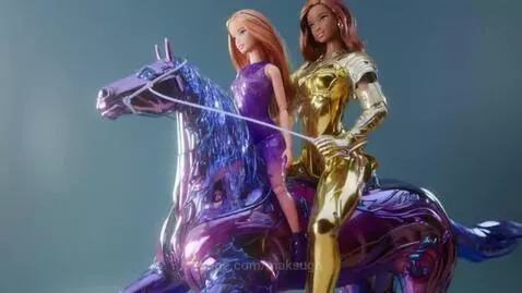 Two Barbie dolls, one blonde in purple, one brown-haired in gold armor, riding a wet, metallic purple and blue robot horse.