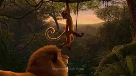 Cartoon lion looking up at a monkey swinging from a vine in a lush jungle.