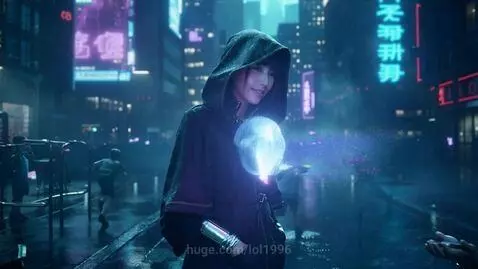 Hooded woman in a rainy cyberpunk city watches children play with holographic data, neon lights reflect on wet streets.