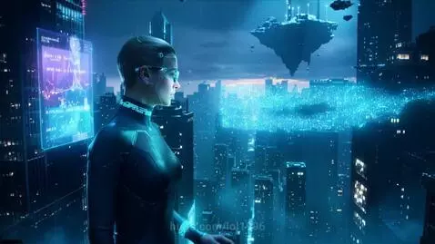 Woman in futuristic suit on balcony overlooking a neon-lit cyberpunk city with flying vehicles and holographic displays.