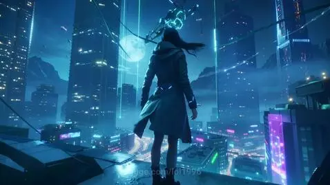 Wide shot of a futuristic cyberpunk city at night from a rooftop, with a hooded woman looking over neon skyscrapers piercing the fog.