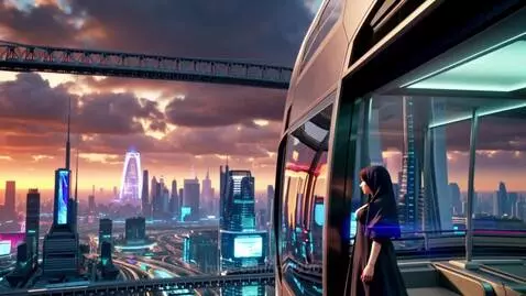 Futuristic cyberpunk city skyline at sunrise with a monorail and a woman looking out a window.