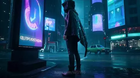 Hooded figure on a wet, neon-lit cyberpunk street with rain and a drone overhead.