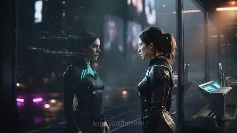 Two women in futuristic suits facing each other in a neon-lit, rain-slicked cyberpunk city at night, with reflections visible.