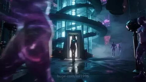 Woman entering a futuristic cyberpunk VR club with neon lights and holographic avatars.