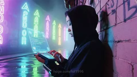 Cyberpunk hacker in a neon-lit alley, using a holographic wrist computer to breach Pandora's VR club security.