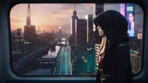 Young woman in hooded garment looking out monorail window at a futuristic cyberpunk city at sunrise with neon lights.