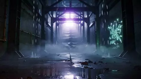 Cyberpunk catacombs with damp walls, rusted metal, and flickering holographic graffiti, lit by violet light.