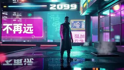 Man in futuristic cyberpunk city at night, neon lights, rain, '2099' sign.