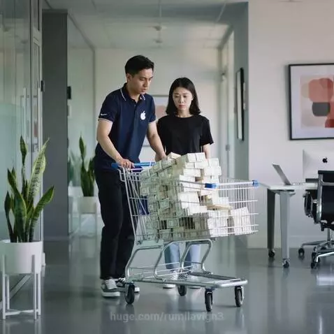 Man in Apple shirt spills cart of money in office hallway, shocking woman.