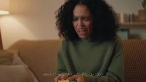 Woman with curly hair in a green hoodie sitting on a couch, holding a yellow box and looking annoyed.