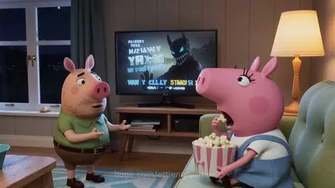 Peppa Pig eating popcorn on couch while Daddy Pig reacts to a scary movie on TV.