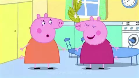 Two animated pink pigs in a kitchen, one in an orange dress, the other in magenta, laughing after a playful exchange.
