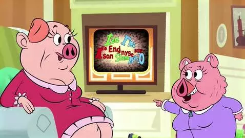 Cartoon pig parent scolding child pig who is pointing at a TV screen showing 'The End'.
