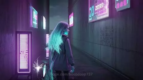 Cyberpunk girl with glowing digital hair activating a portal in a dark, neon-lit alleyway.