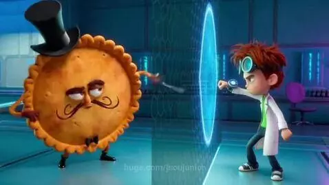 Animated pie character with top hat and mustache confronts Dexter in a futuristic lab with a glowing blue portal.