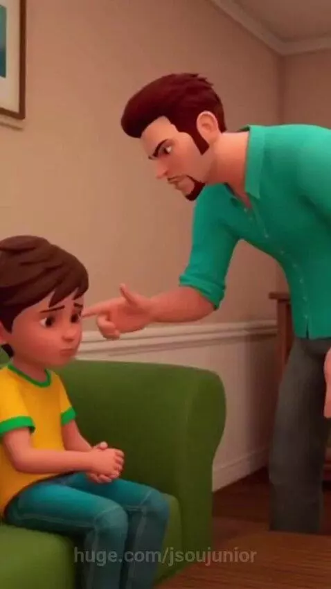 Caillou sits sadly on a couch as his father points and tells him he's grounded.