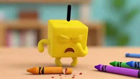 A yellow Numberblock character looking angry at a broken orange crayon with red bits scattered on a wooden surface.