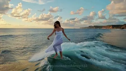 Woman in white dress dancing on a breaking ocean wave at sunset, arms outstretched for balance.