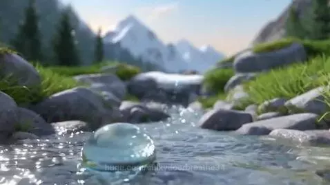 Animated water droplet floating in clouds above mountains, illustrating the water cycle.