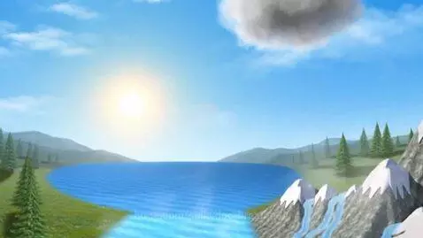 Animated illustration of the water cycle showing snow melting, rivers flowing, evaporation, clouds, and rain.