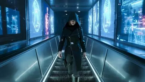 Hooded young girl descending a cyberpunk metro escalator with glowing holographic advertisements on the walls.